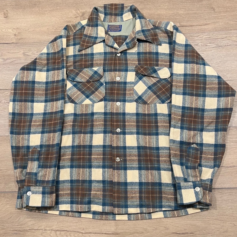 Vintage Pendleton Board Shirt Wool Flannel Plaid Blue Brown Cream Large USA Made
